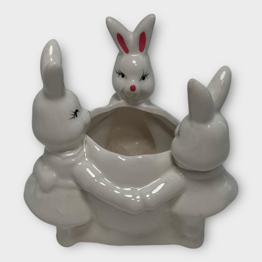 VTG Three Bunny Rabbit Seance Planter Ceramic Candle Holder Kitsch Easter c1960s